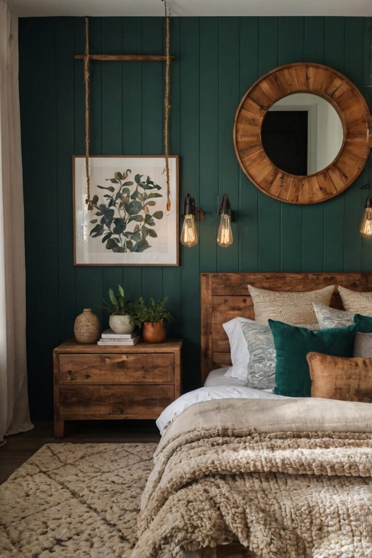 bedroom interior design, rustic home decor, bedroom decorating ideas, farmhouse style decor, rustic furniture, wooden bed frame, vintage nightstands