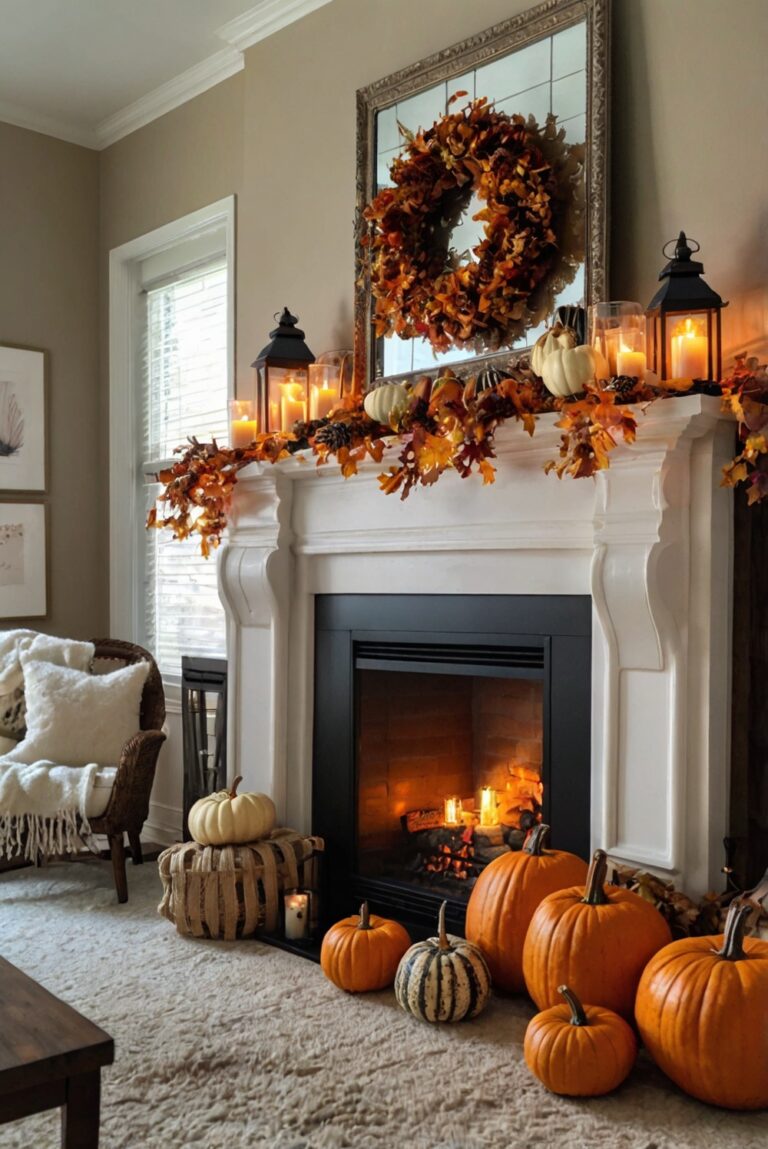 Fall mantel decor, Autumn mantel decorations, Seasonal mantel ideas, Fall fireplace mantel, Decorate mantel for fall