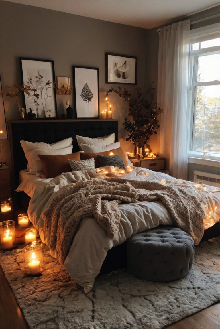 fall bedroom decor, cozy bedroom ideas, autumn bedroom design, warm bedroom accessories, rustic bedroom styling