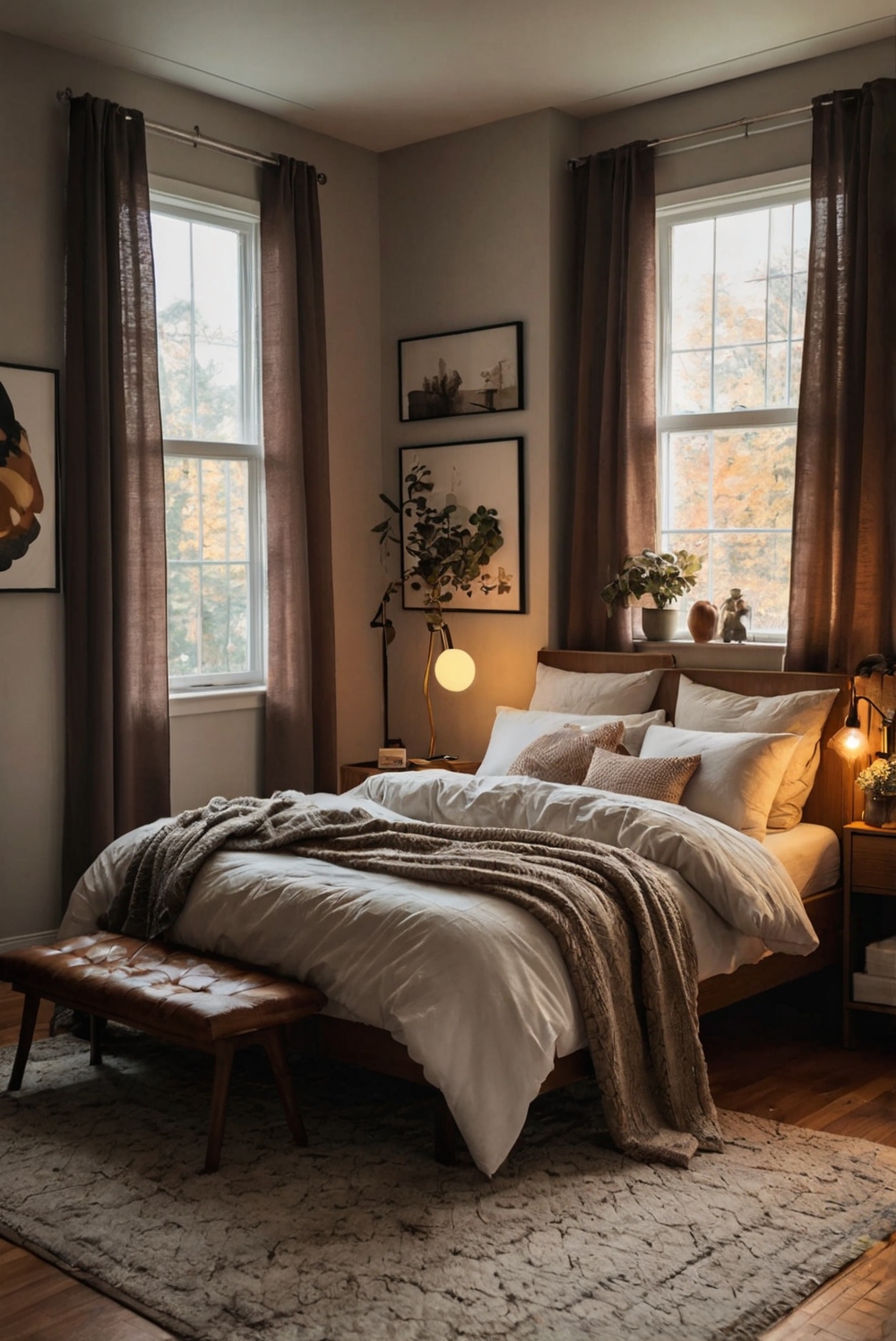 Stylish bedroom decor, Fall-themed bedding, Cozy bedroom makeover, Luxurious bedroom furniture, Elegant bedroom accessories