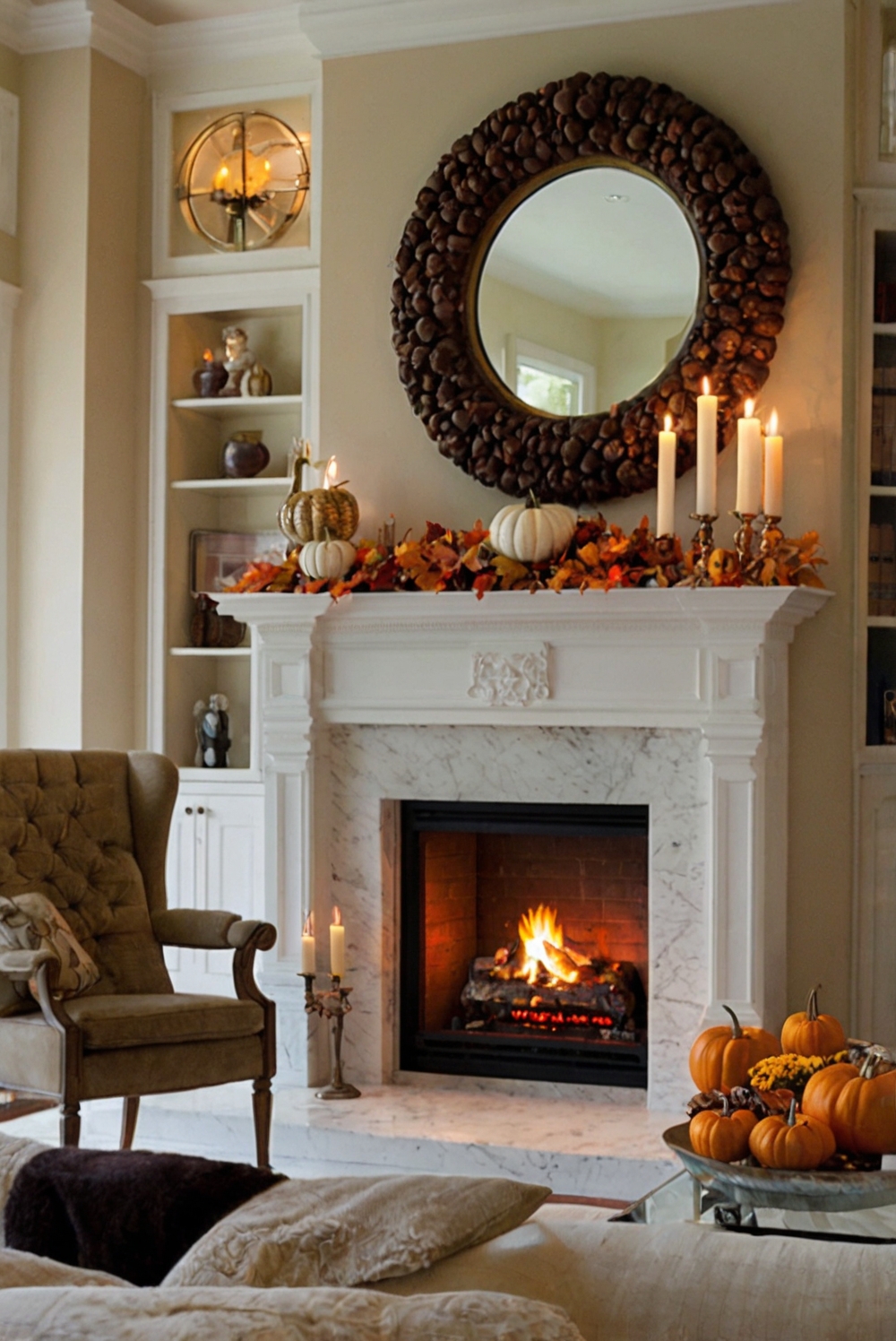 Fall mantel decor ideas, Autumn fireplace decorations, Cozy fireplace mantels, Seasonal mantel styling, Rustic hearth designs