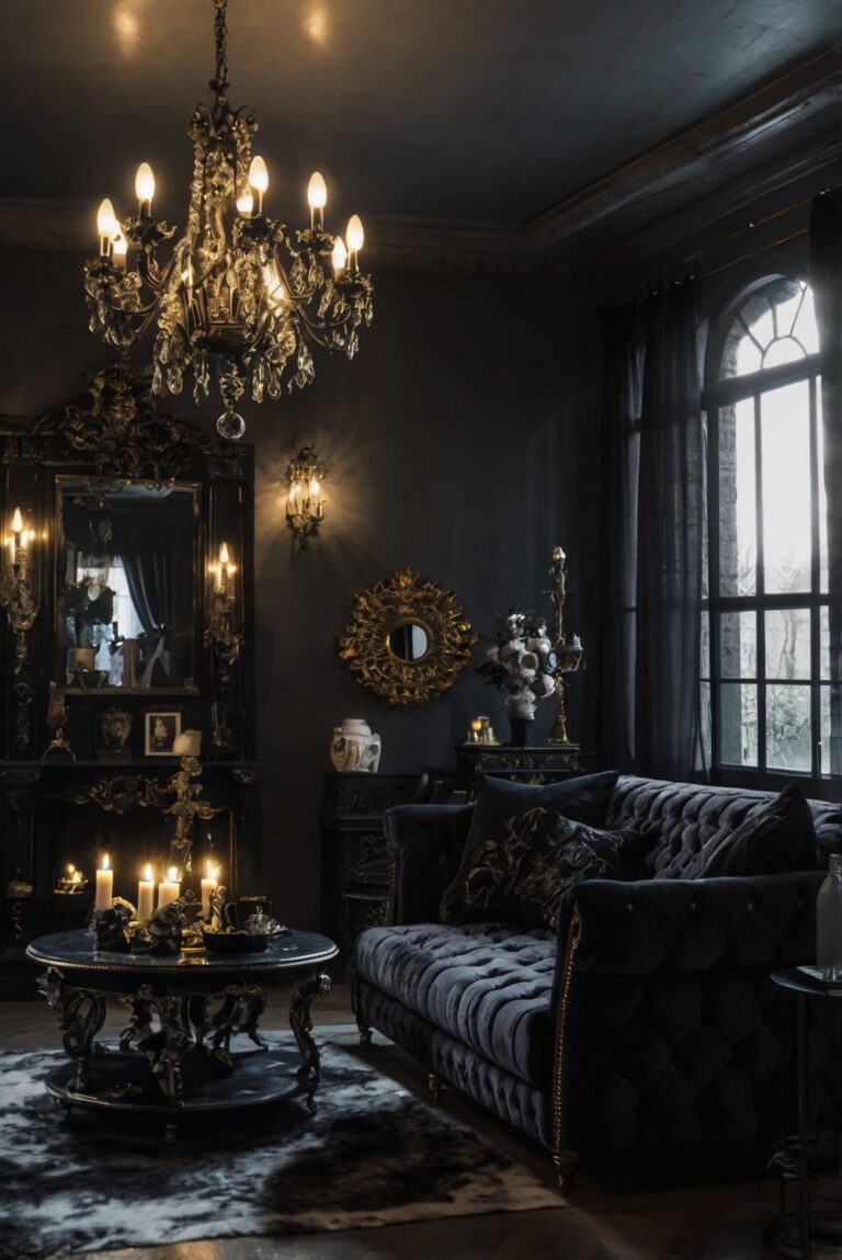 gothic living room decor, dark gothic interior design, goth style home decor, haunted house living room, dramatic gothic living room